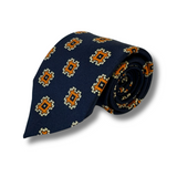 Navy & Orange Square Motif Printed Silk Tie Hand Finished