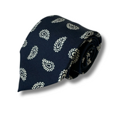 Navy & White Paisley Printed Silk Tie Hand Finished