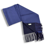 Navy & White Silk Scarf with Navy Tassels Hand Knotted